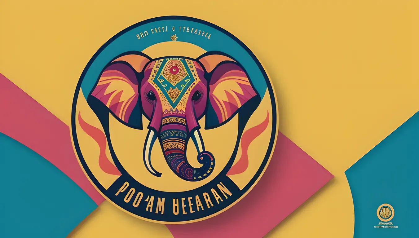 Bold Pooram Logo with Stylized Elephant Head and Bright Colors