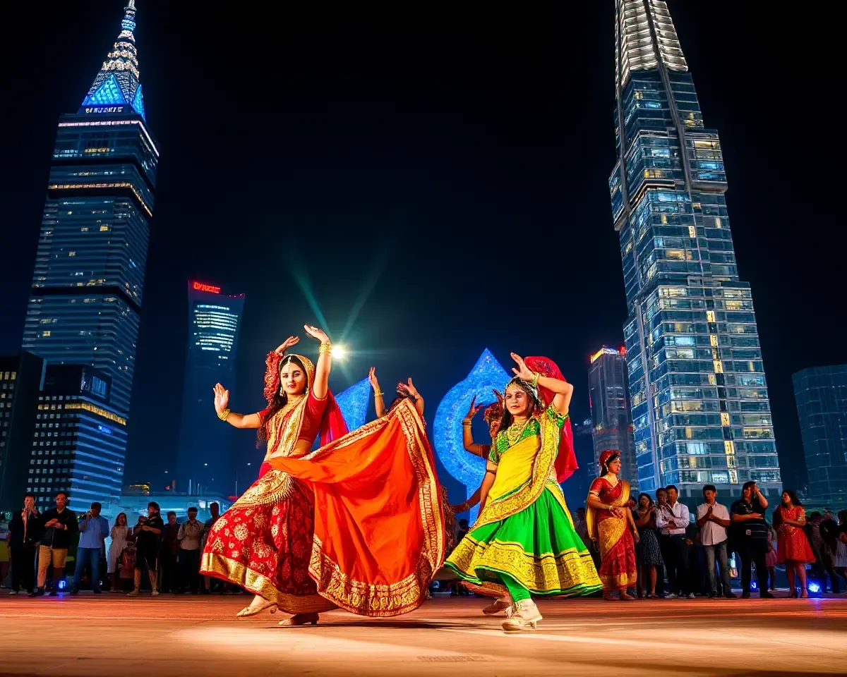 Bollywood Dance Performance with Dancers and City Skyline