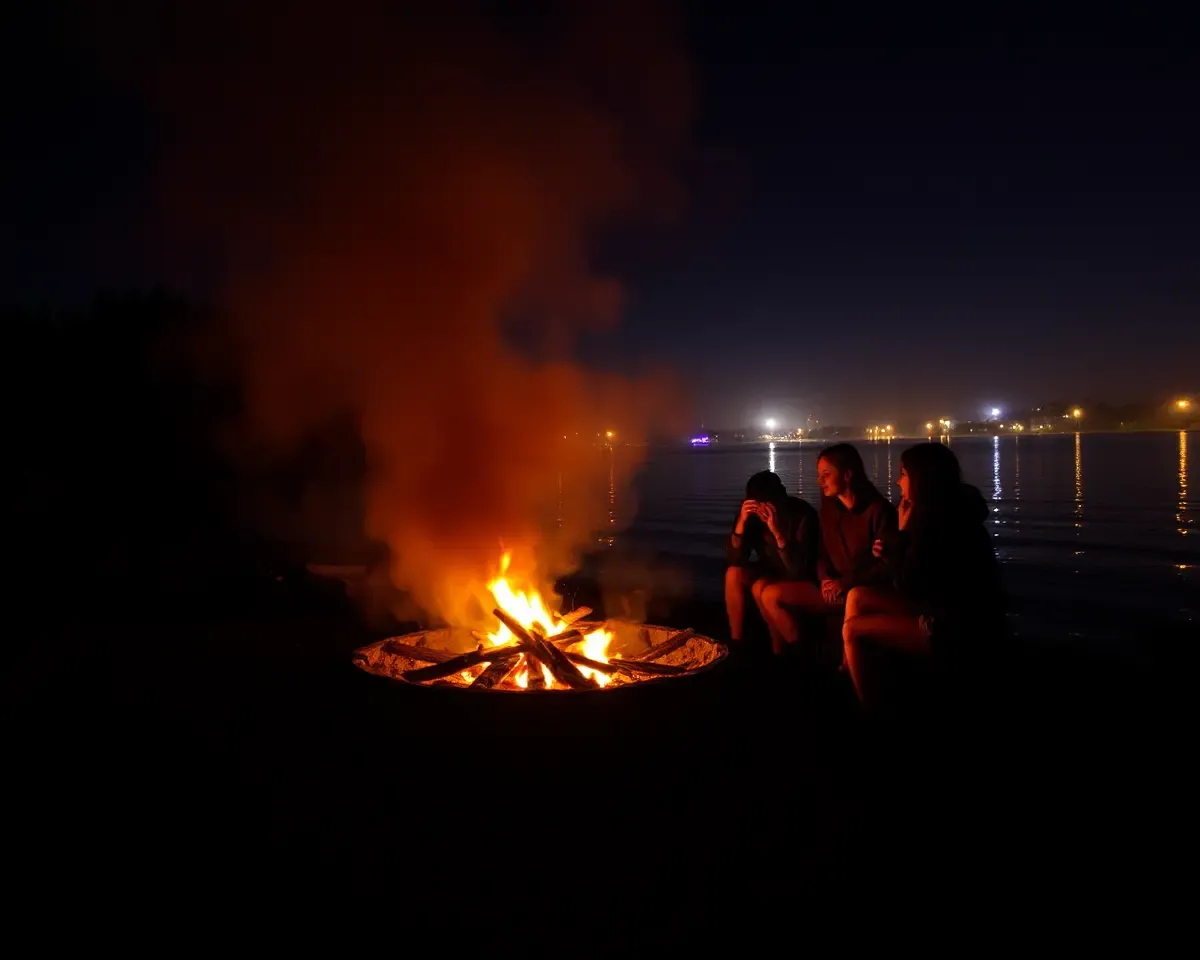 Bonfire Party on Lake Shore with DJ and Fog