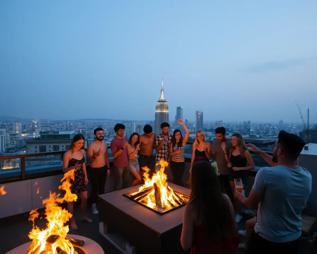Bonfire Party on Rooftop with City Skyline and DJ