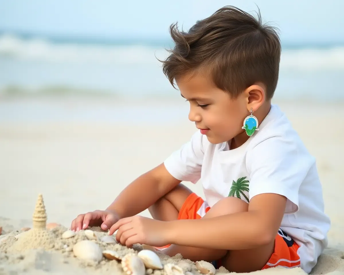 Boy Wears Beach-Themed Ear Rings at Beach
