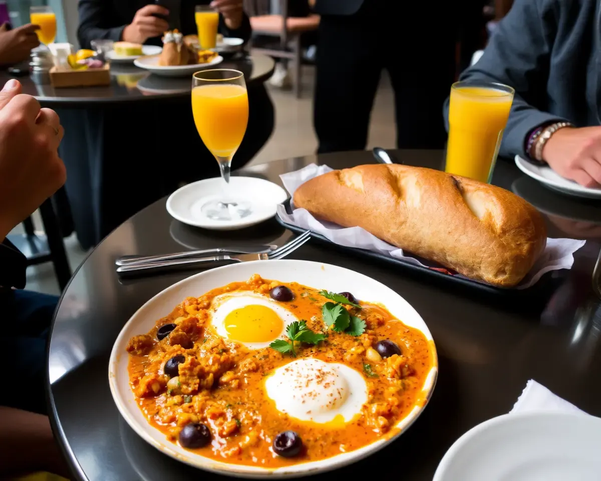 Breakfast Plate with Egg Bhurji, Orange Juice, and Baguette