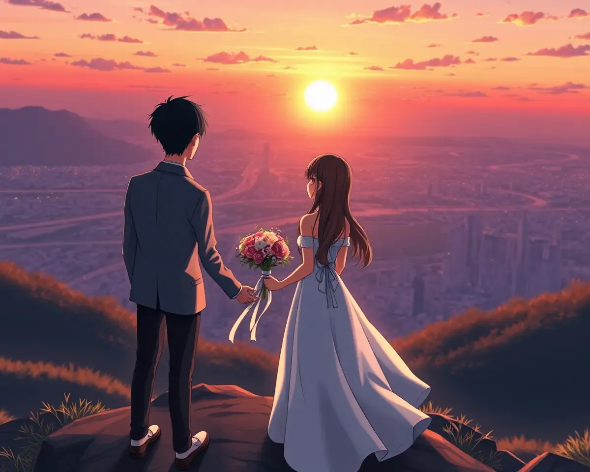 Breathtaking Sunset Cliffside Anime Couple 4K Wallpaper