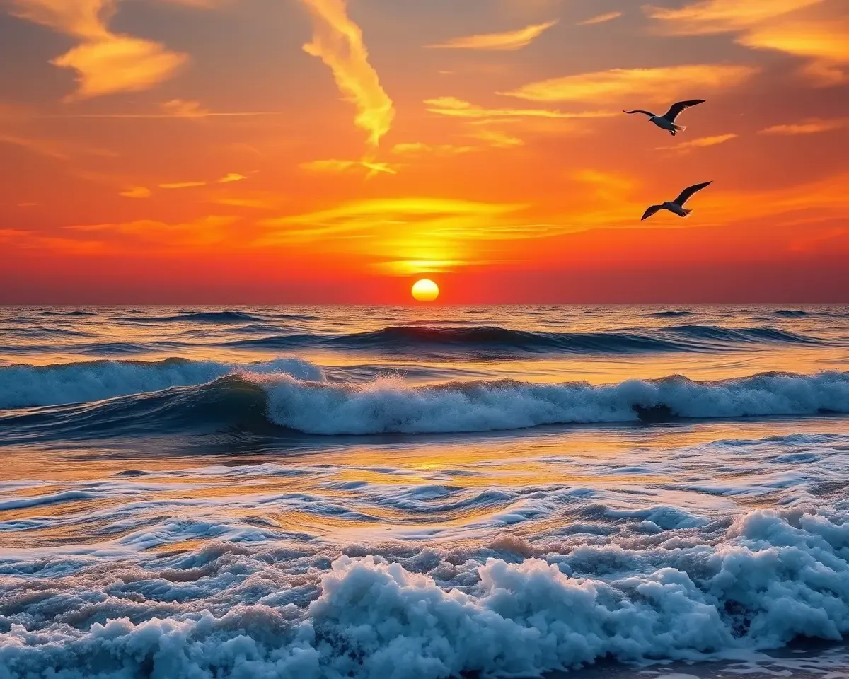 Breathtaking Sunset over Ocean with Waves and Seagulls Background
