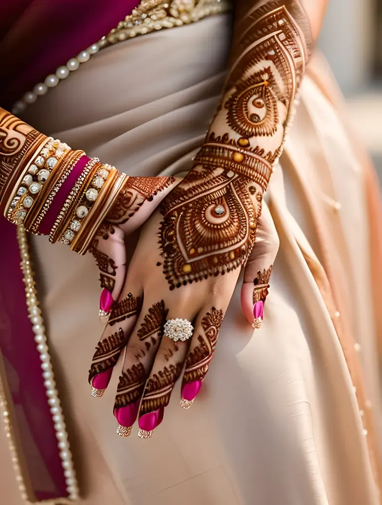 Bride's Mehndi Adorned Fingers with Pearls
