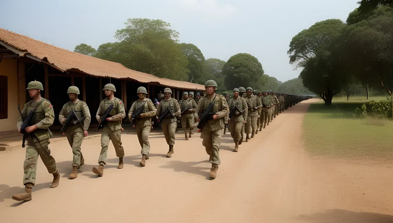 British soldiers approach Kattabomman's palace unaware of resistance.