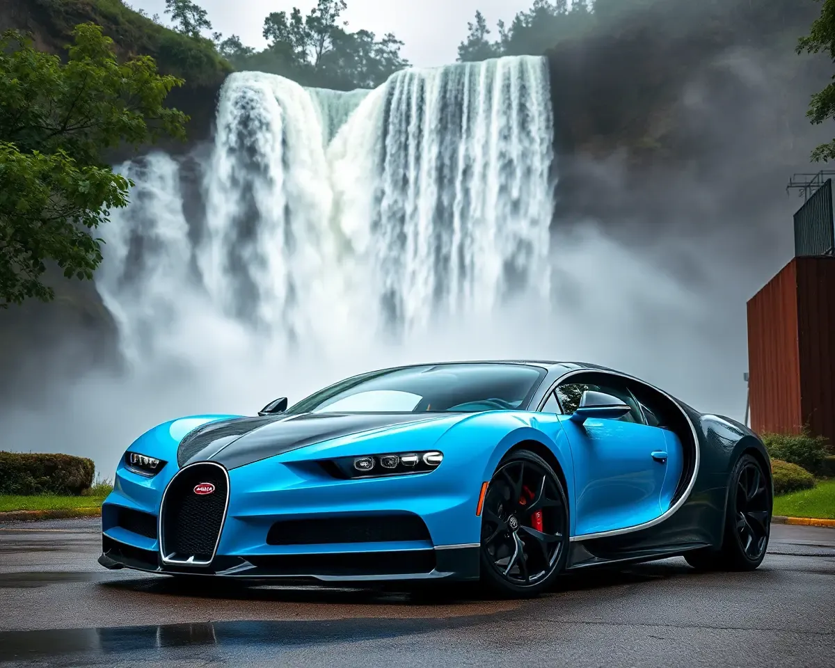 Bugatti Divo at Waterfall with Lush Greenery