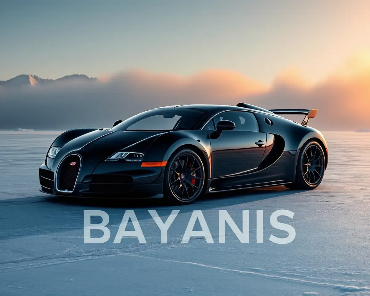 Bugatti Veyron on Frozen Lake with Snowy Mountains