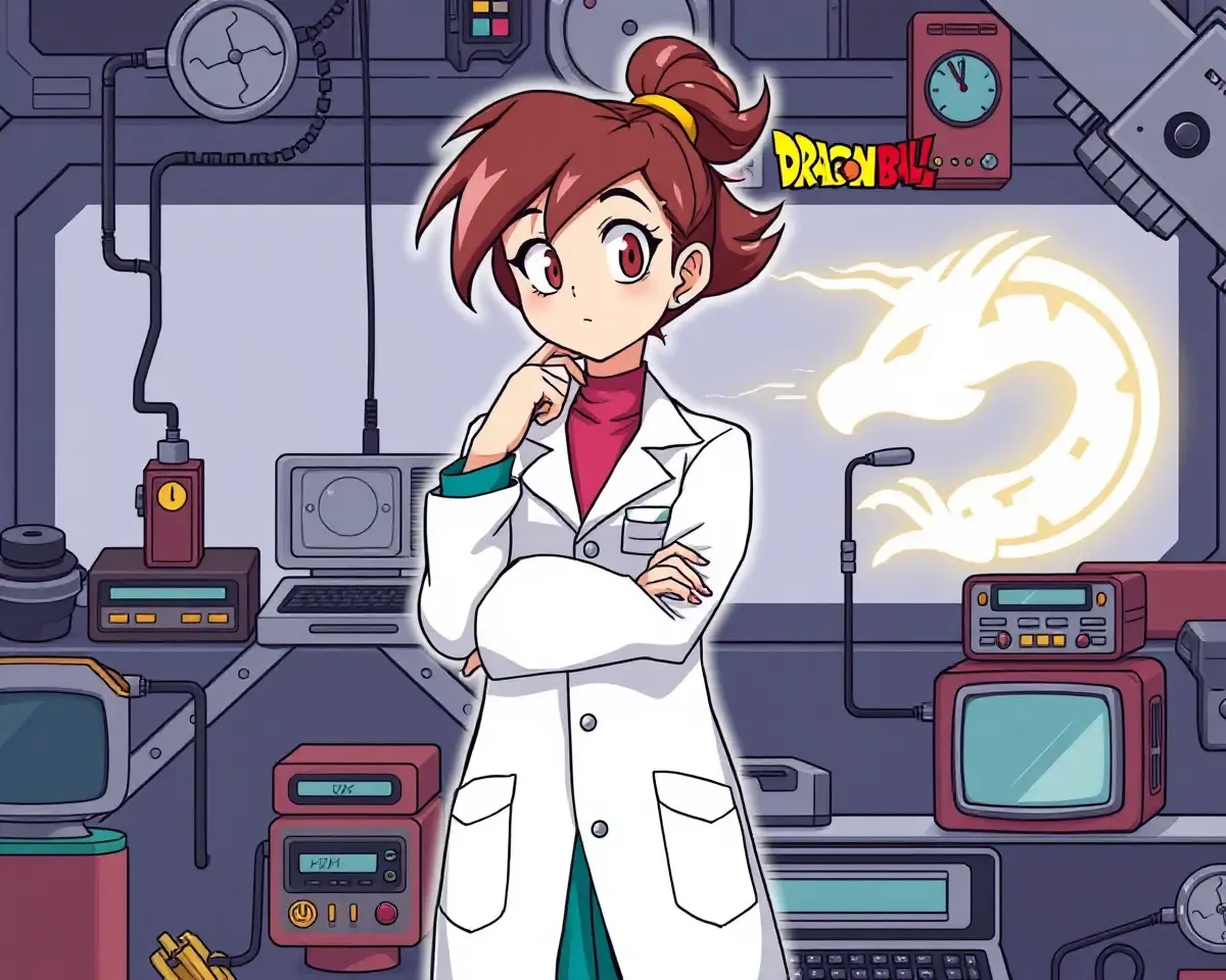 Bulma Standing Intellectually with Dragon Ball Machinery