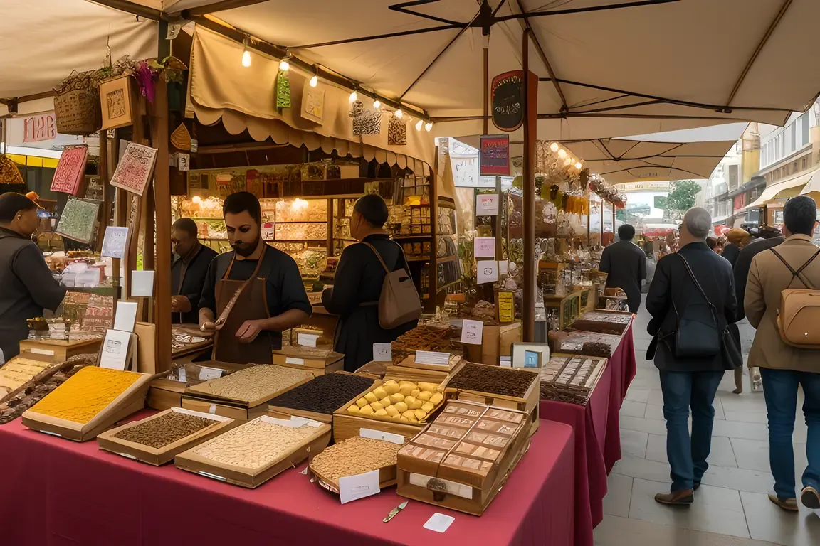 Bustling Marketplace with Exotic Goods and Busy Vendors