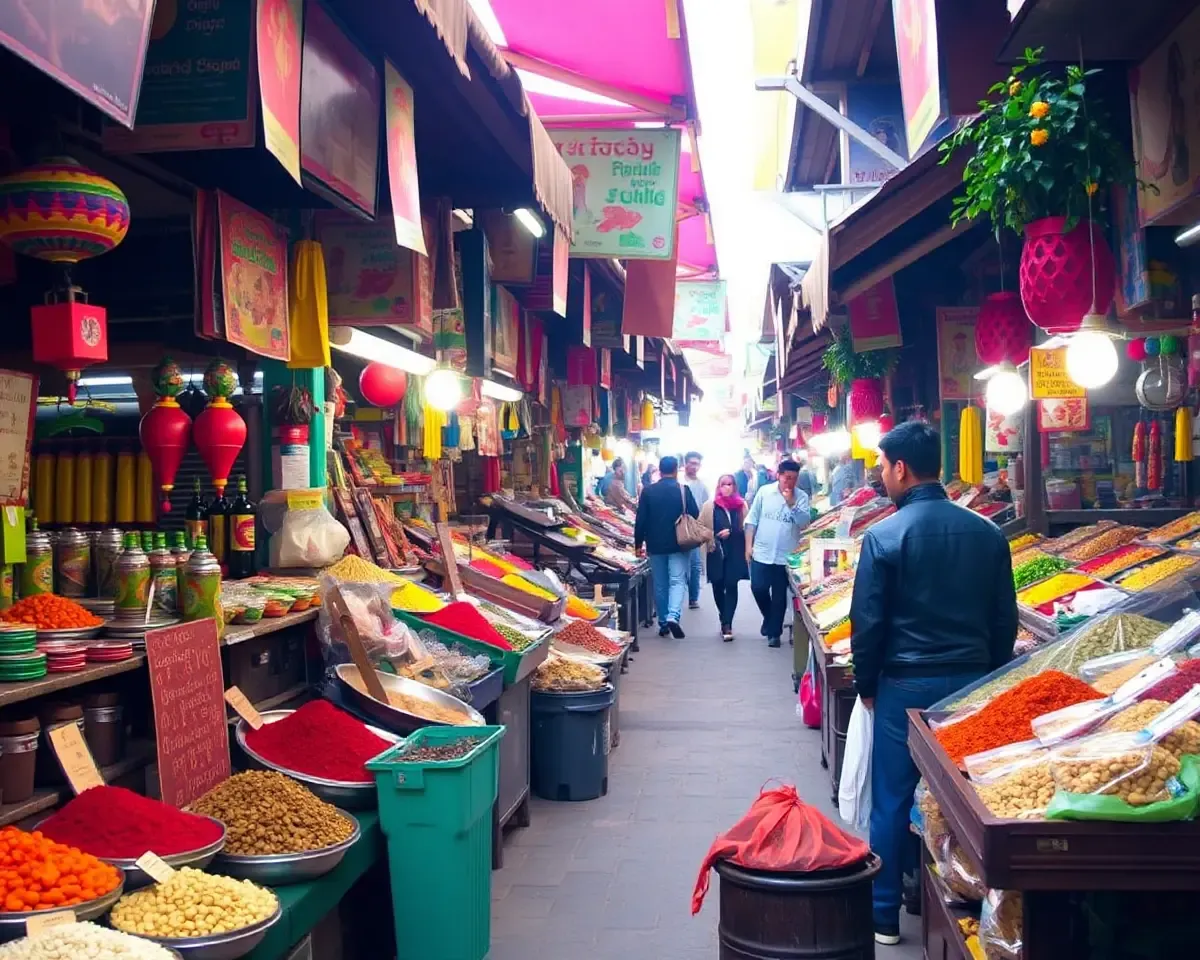 Bustling Marketplace with Vibrant Colors Wallpaper