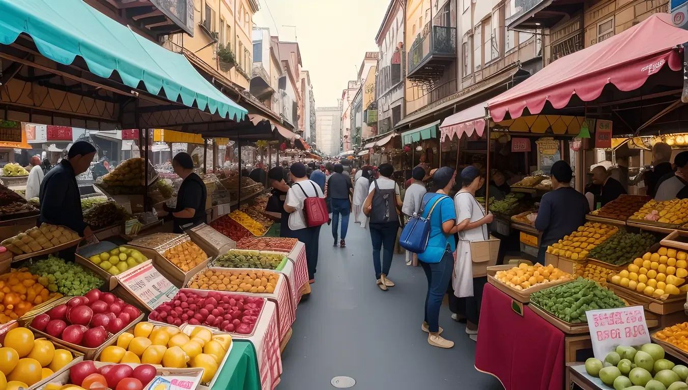 Bustling Street Market in Foreign City with Vibrant Colors Image