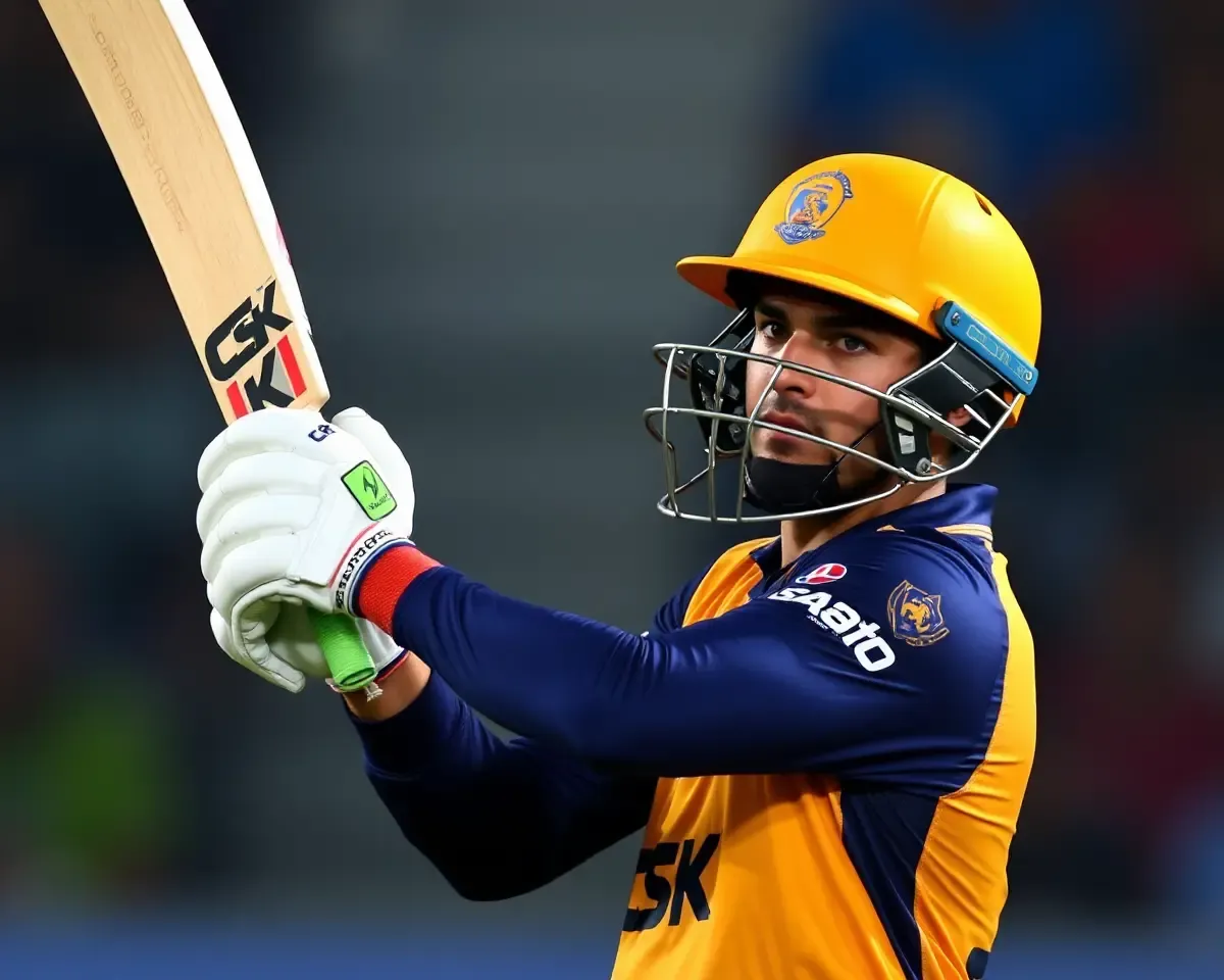 CSK Player Bats with Team Logo on Helmet