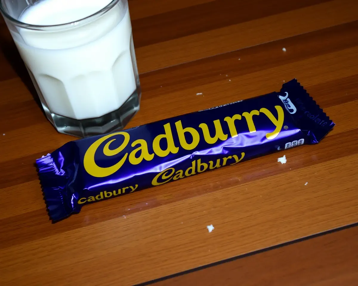 Cadbury Chocolate Unwrapped on Wooden Table with Milk and Crumbs