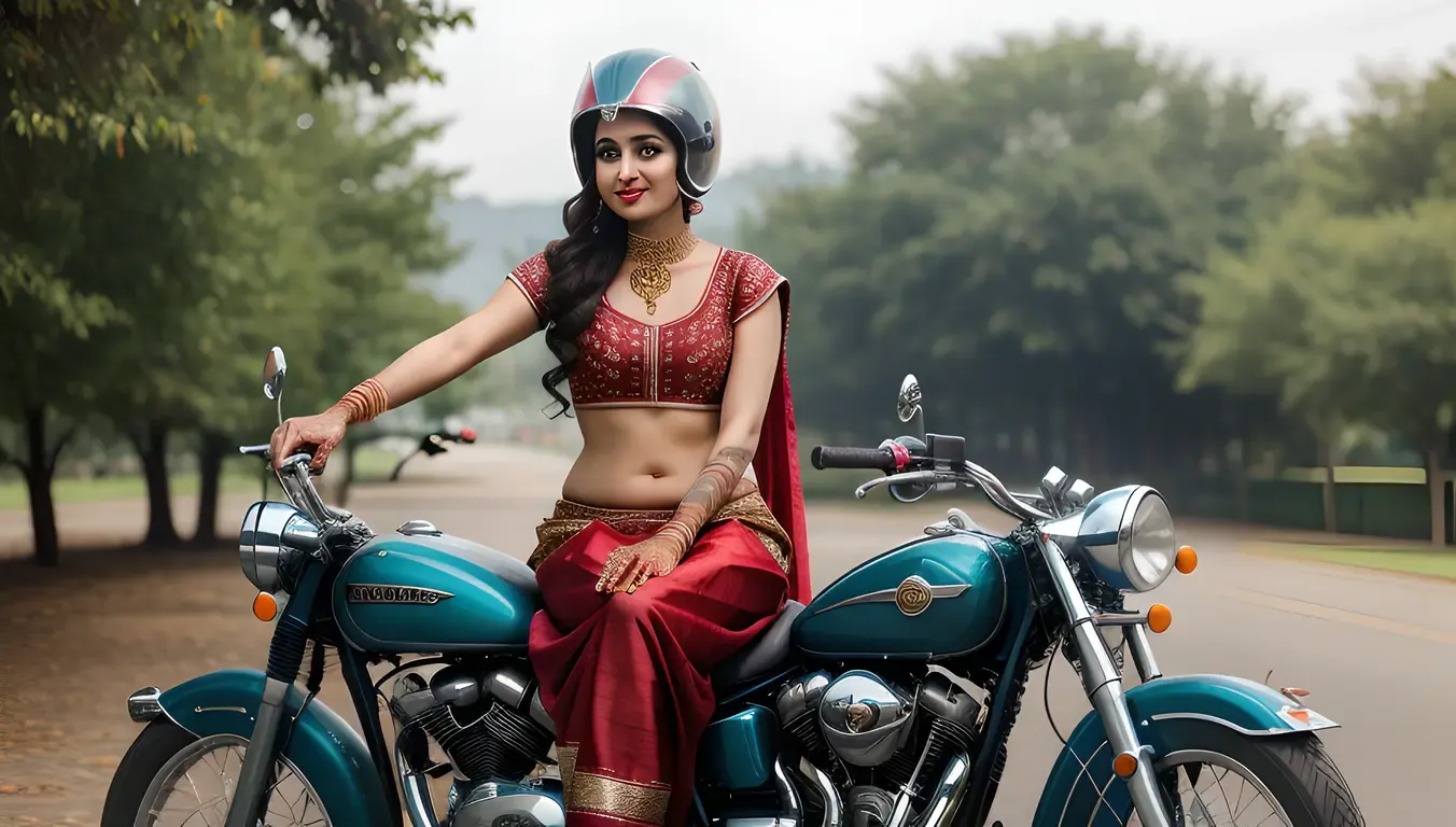 Carefree Dulhan on Vintage Motorcycle with Wind-Swept Hair