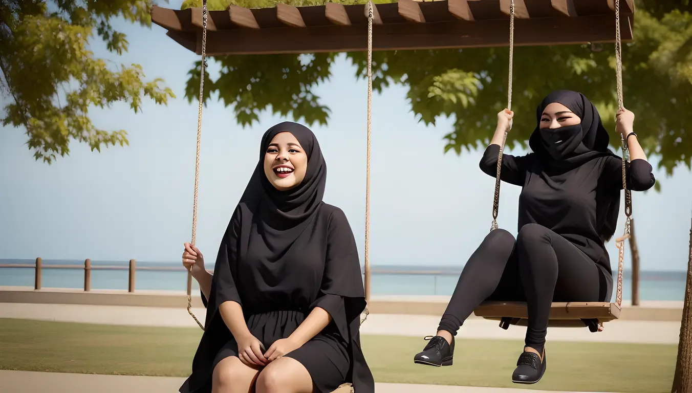 Carefree Niqab Girl Swings and Laughs