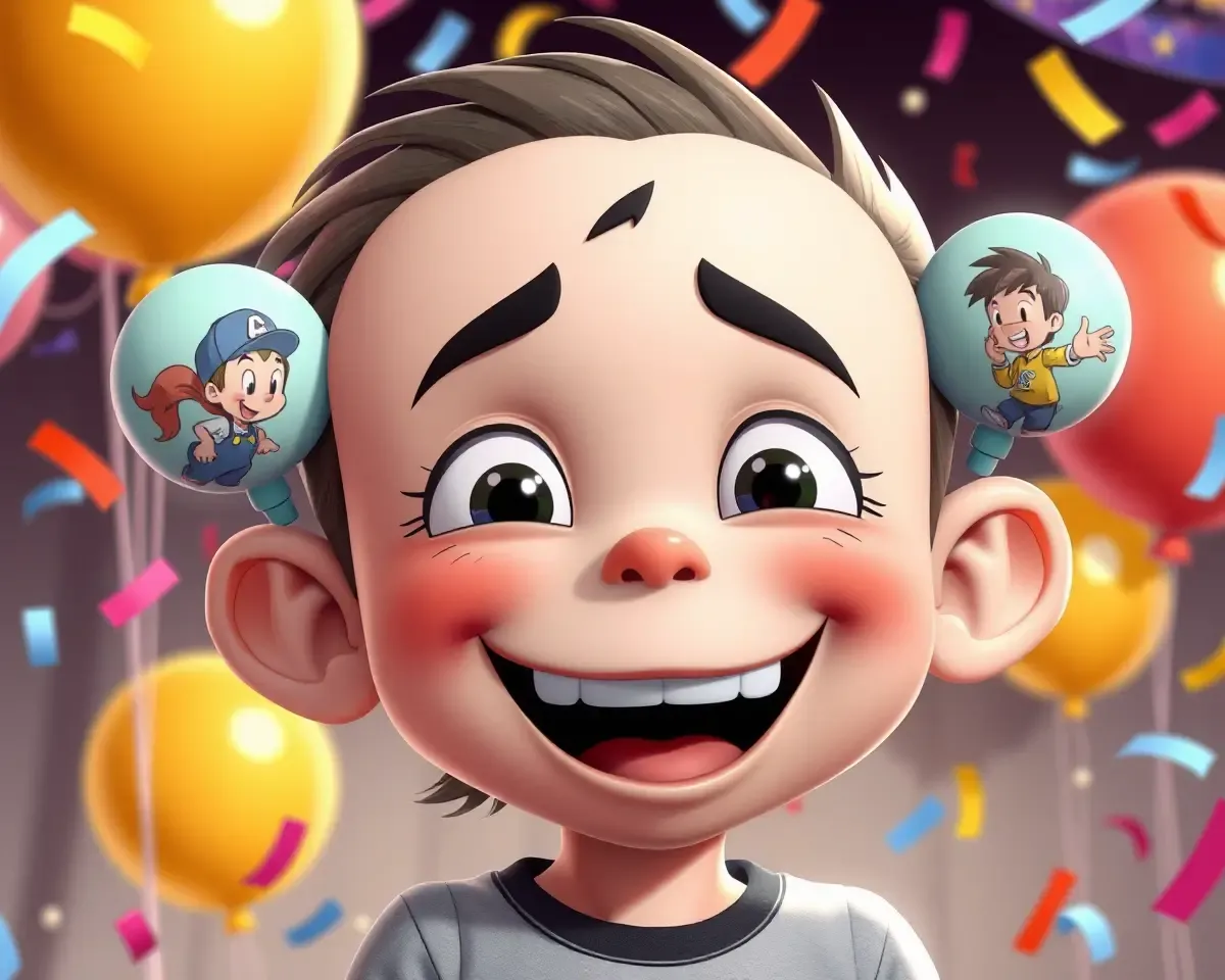 Cartoon Boy Wears Oversized Ear Rings with Cartoon Characters