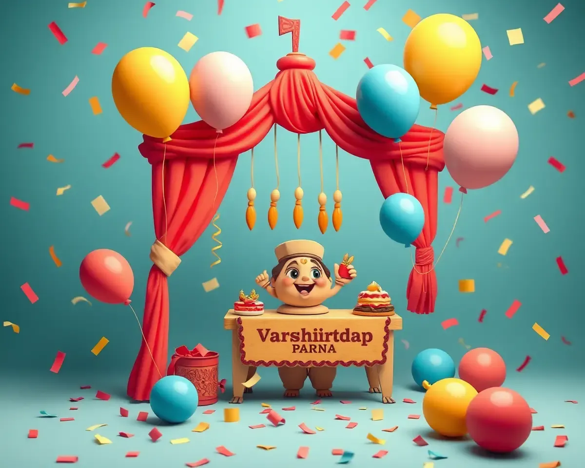 Cartoonish Varshitap Parna with Balloons and Confetti Invitation