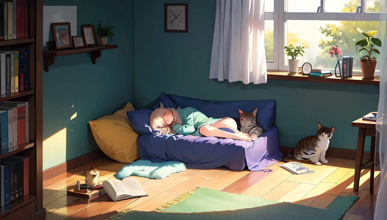 Cat's Cozy Snooze with Fan Hum and Book