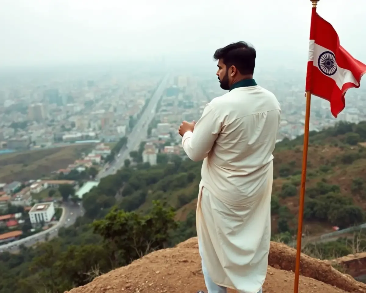Chandrashekhar Azad Defiantly Looks Out at Cityscape