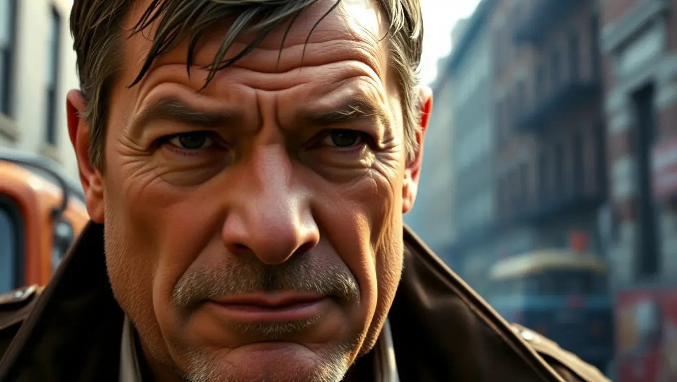 Charles Bronson's Rugged Face in Gritty Urban Backdrop