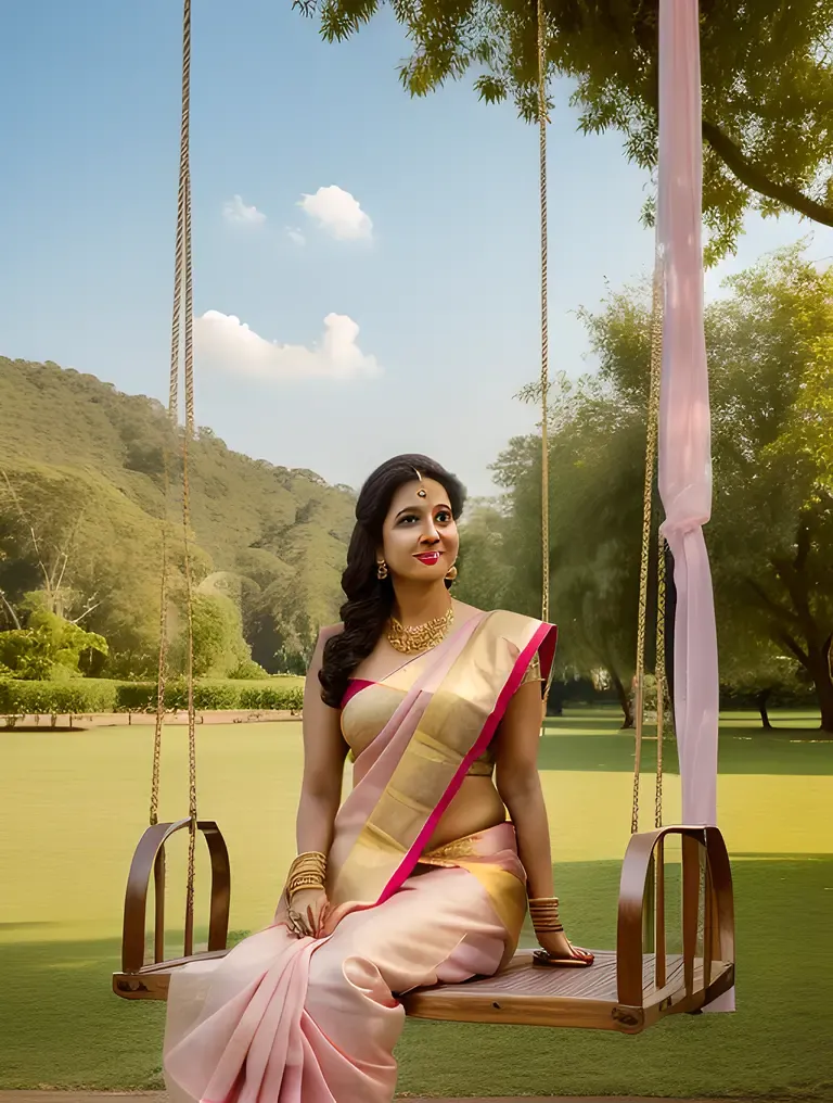 Charming Indian Bhabhi in Soft Pink and Gold Saree on Swing