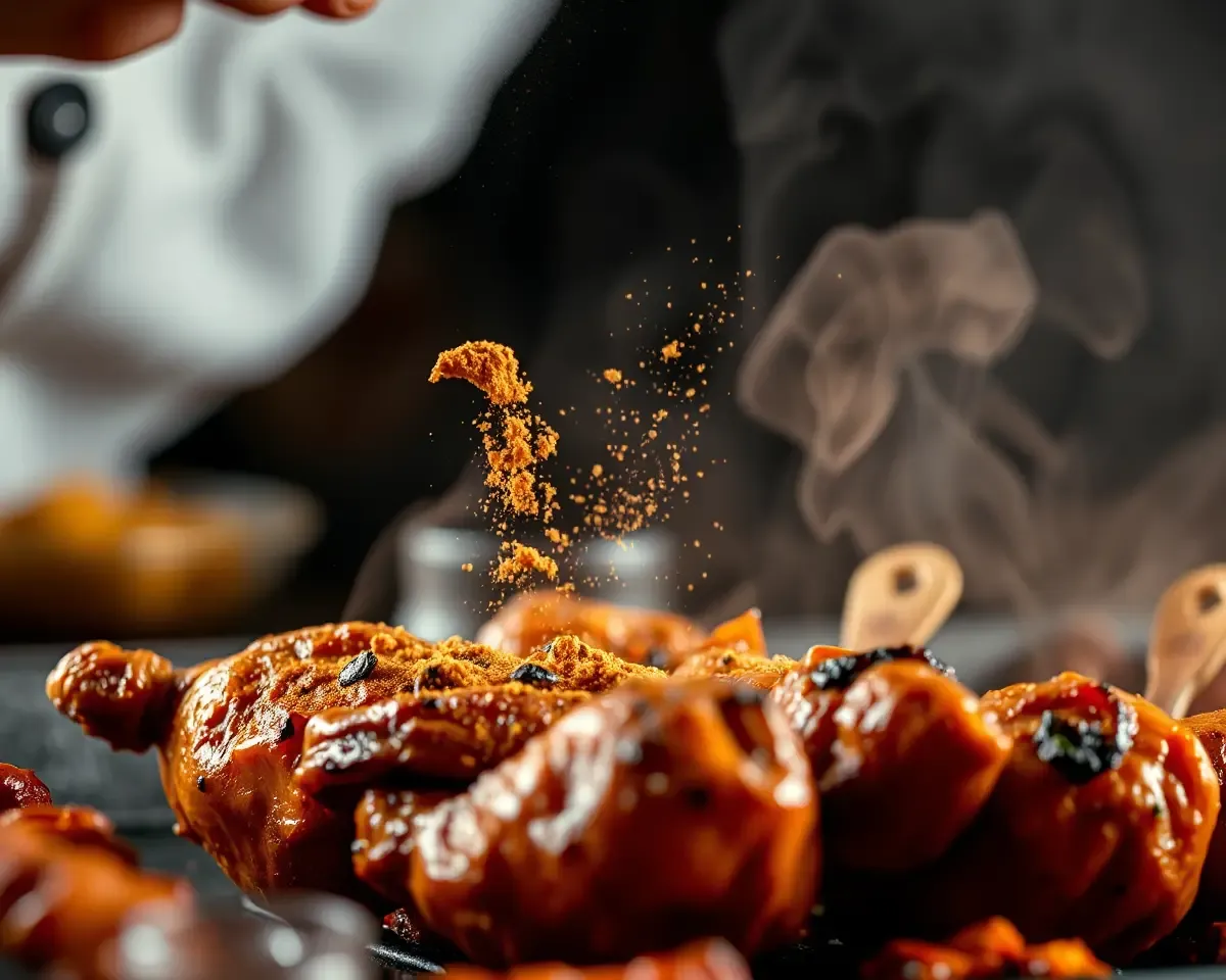 Chef Sprinkling Masala Powder on Tandoori Chicken Close-up