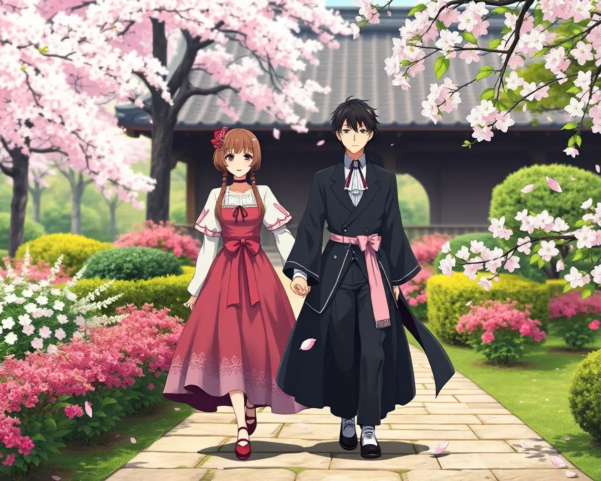 Cherry Blossom Garden Anime Couple 4K Historical