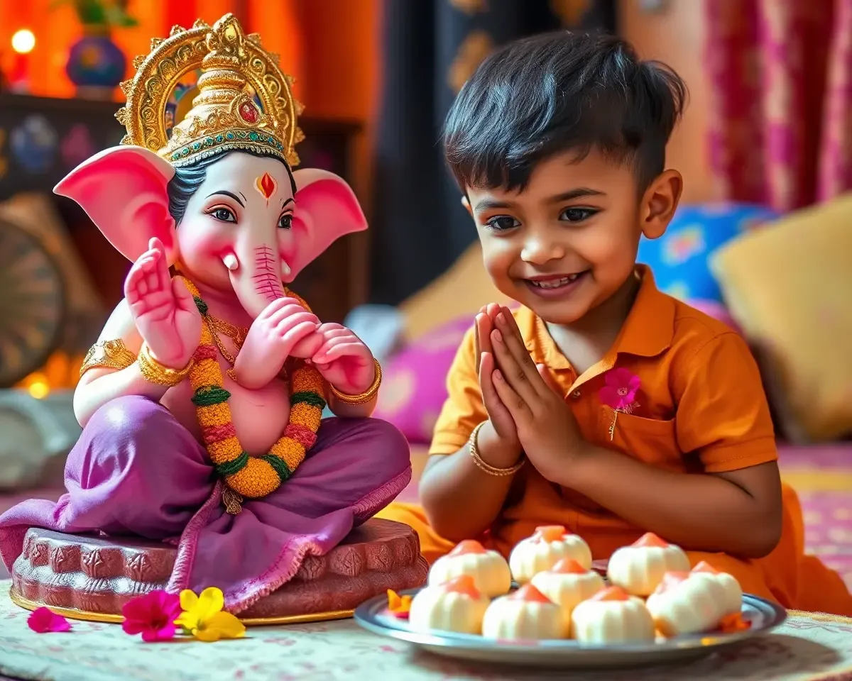 Child Offers Prayers to Ganesha on Nagara Panchami