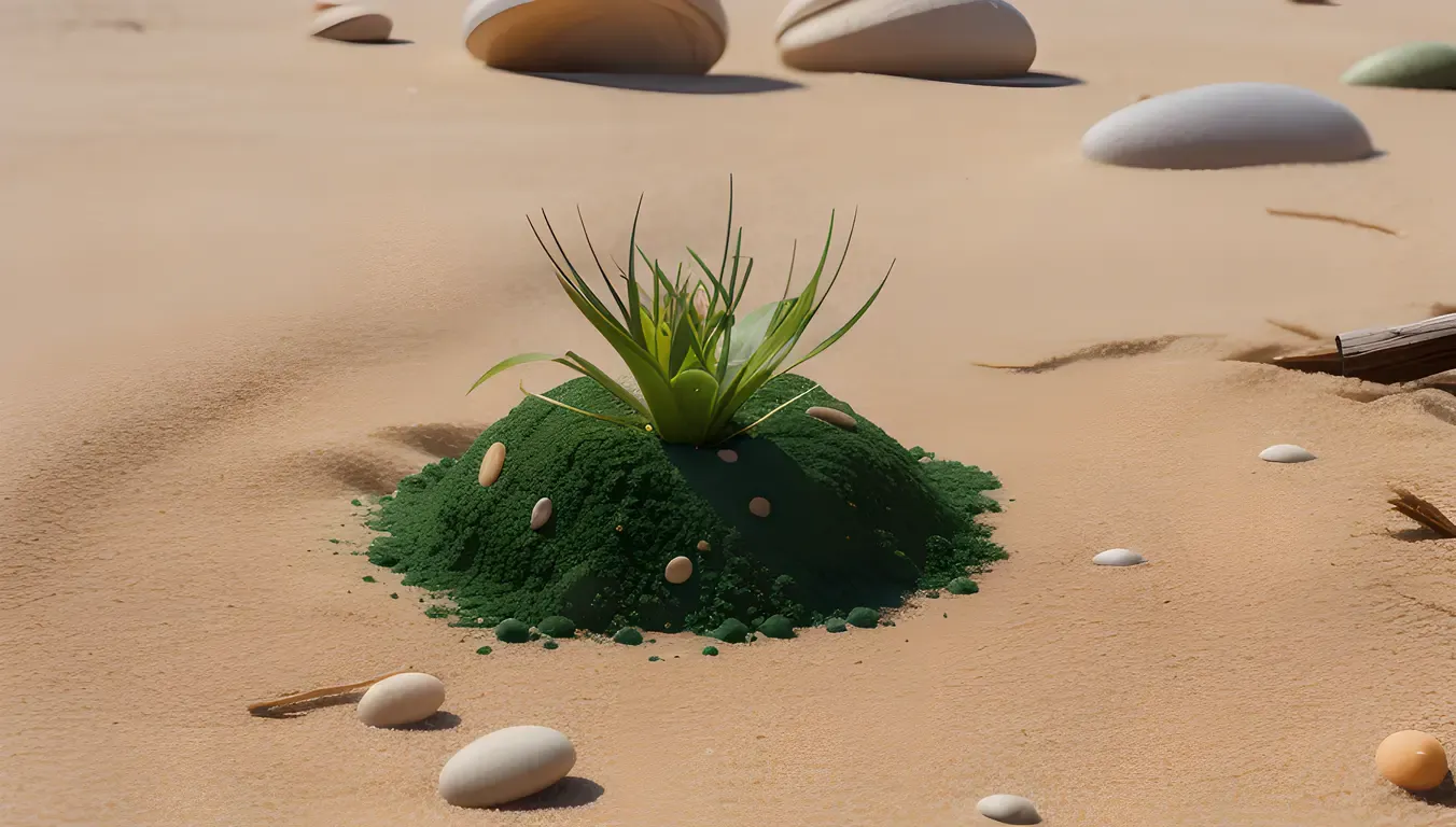 Chlorella Plant on Driftwood with Seashells