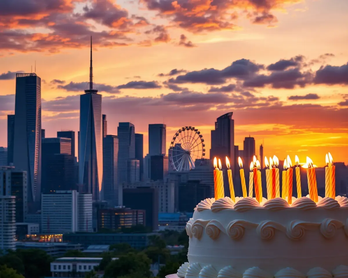 Cityscape Birthday Background with Ferris Wheel and Candles