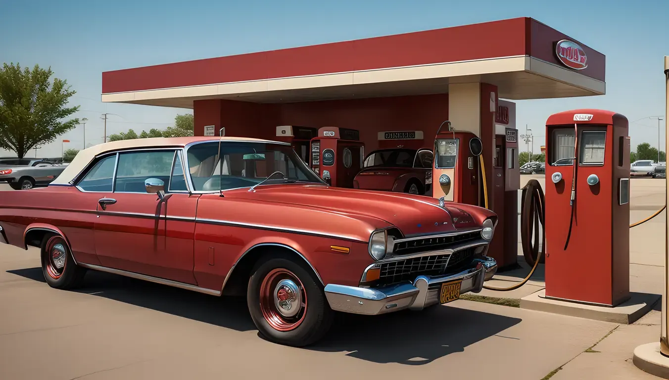 Classic 3D Car Parked at Vintage Gas Station