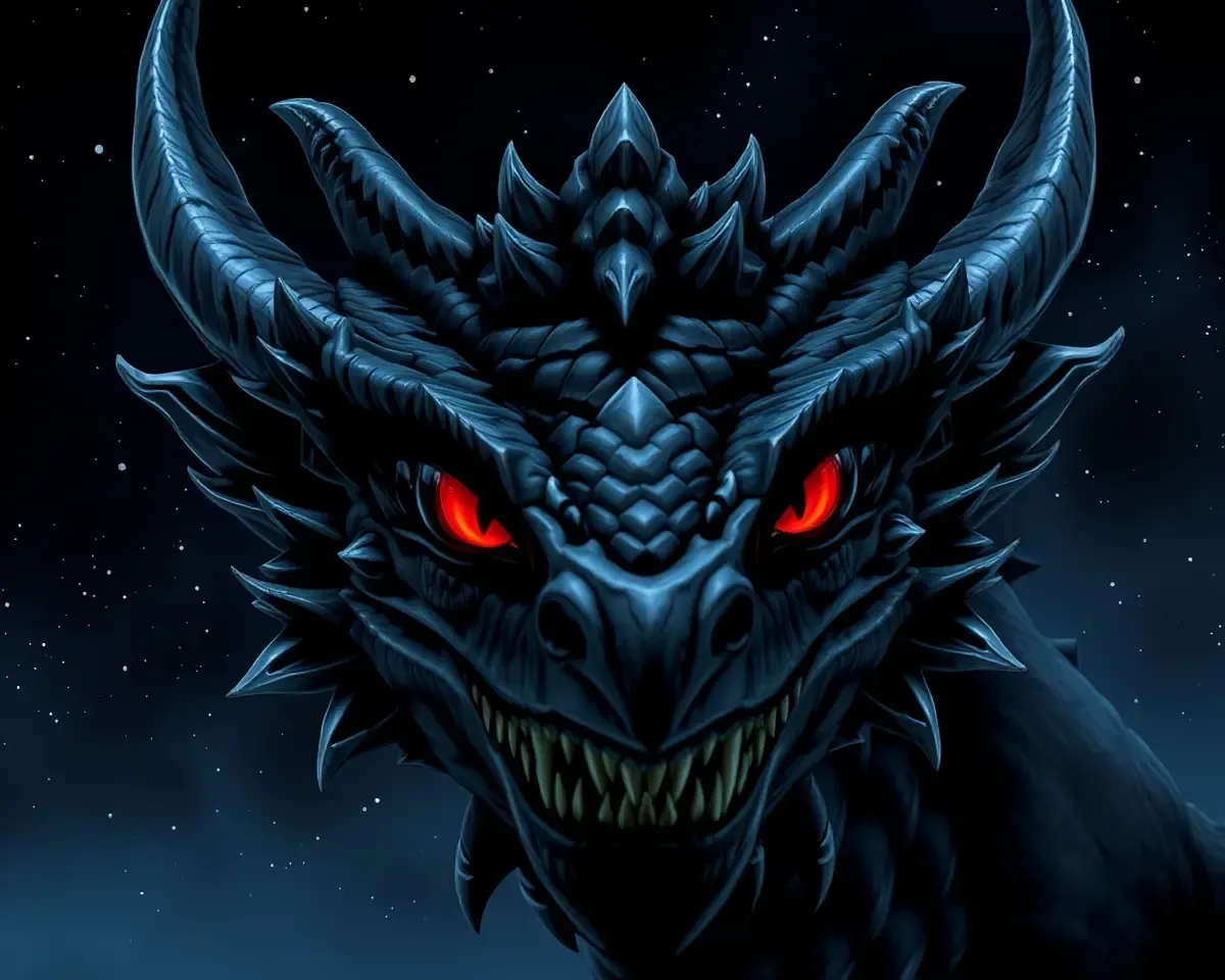 Close-Up of Black Dragon's Fiery Eyes and Sharp Teeth