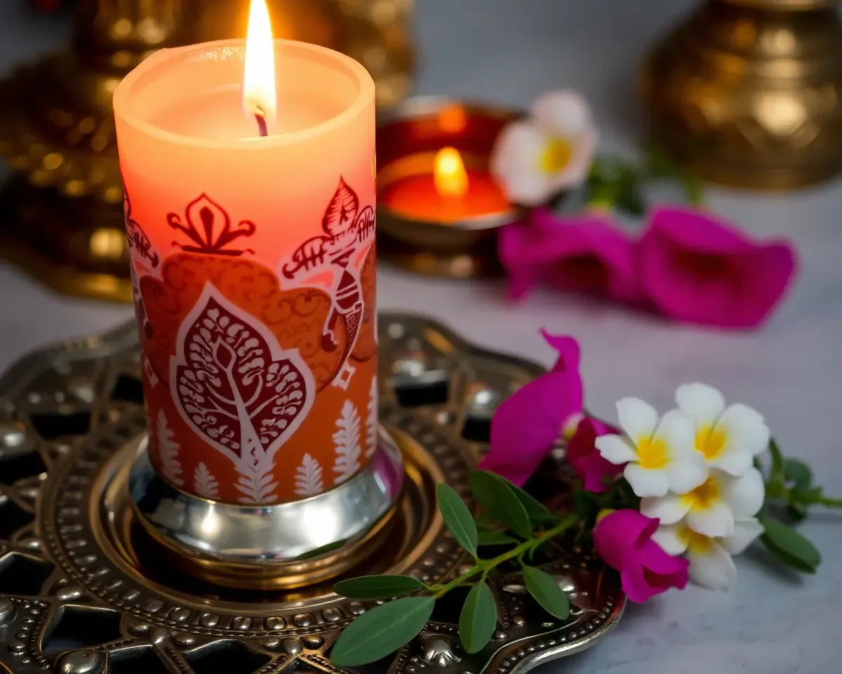 Close-Up of Intricate Shradhanjali Candle with Flowers and Eucalyptus