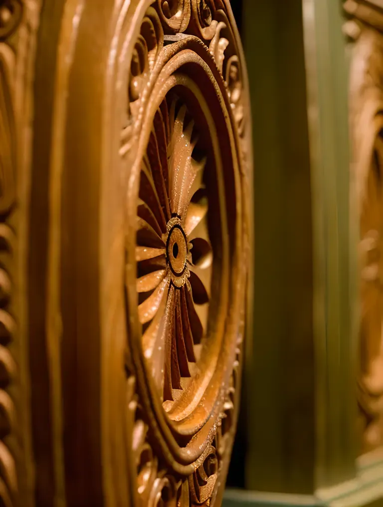 Close-Up of Veena's Intricate Carvings with Soft Glow