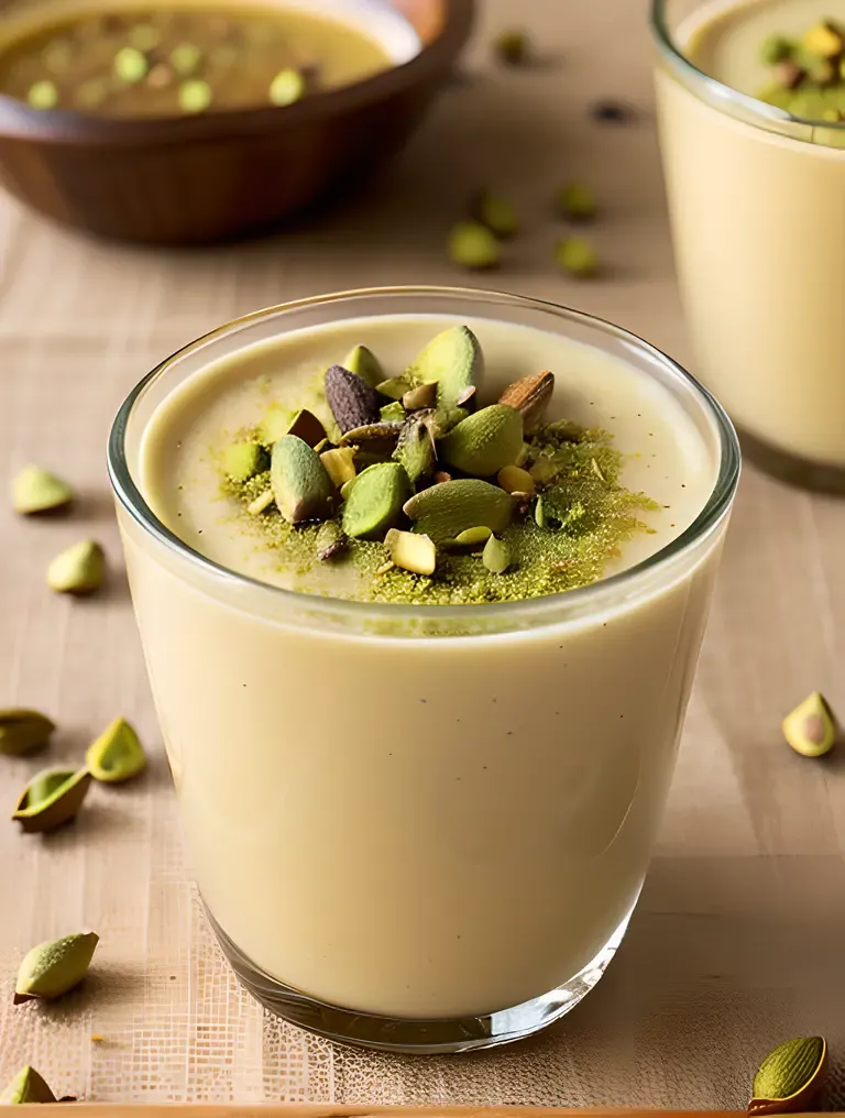 Close-up of Creamy Sheer Khurma with Cardamom and Pistachios