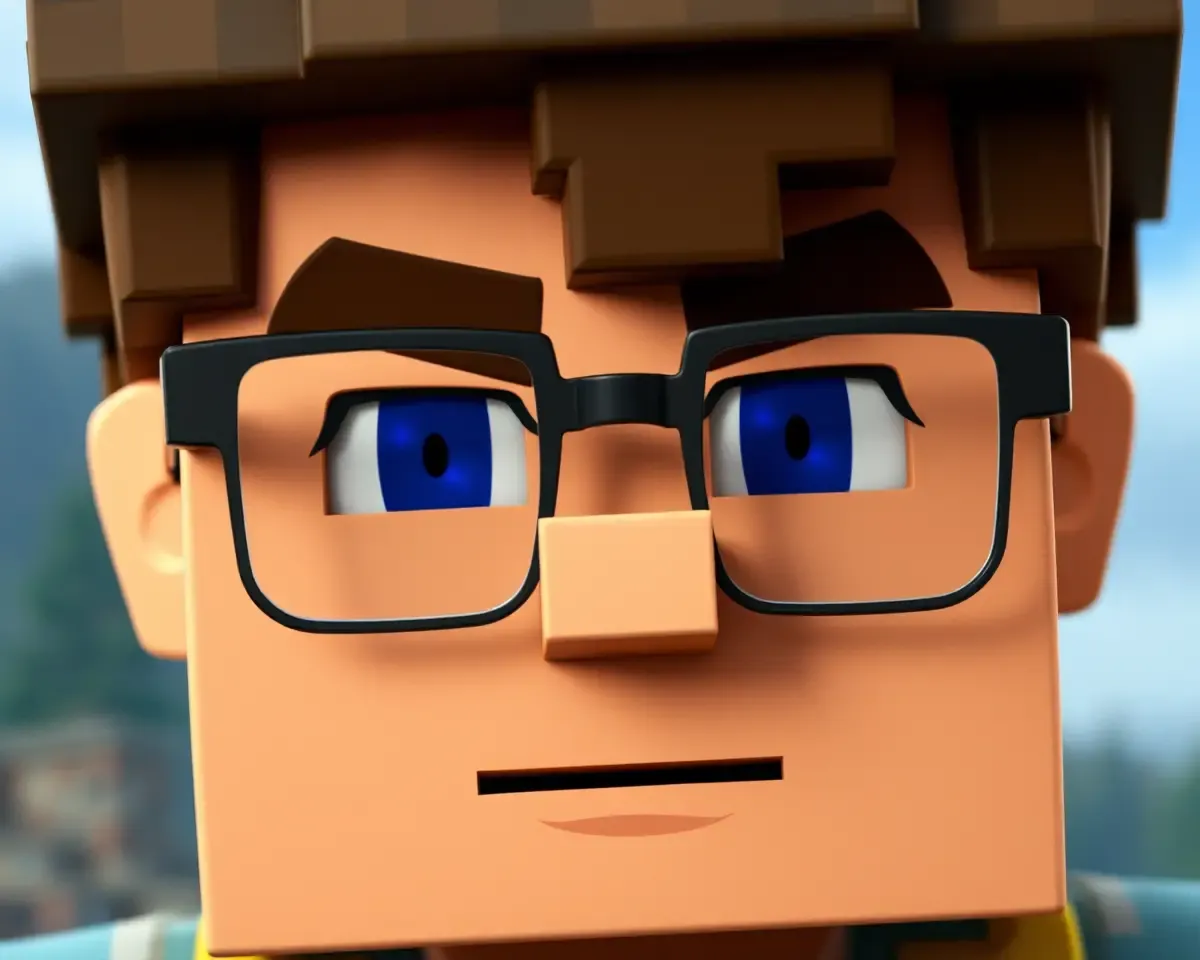 Close-up of Determined Minecraft Steve with Glasses and Miner's Hat