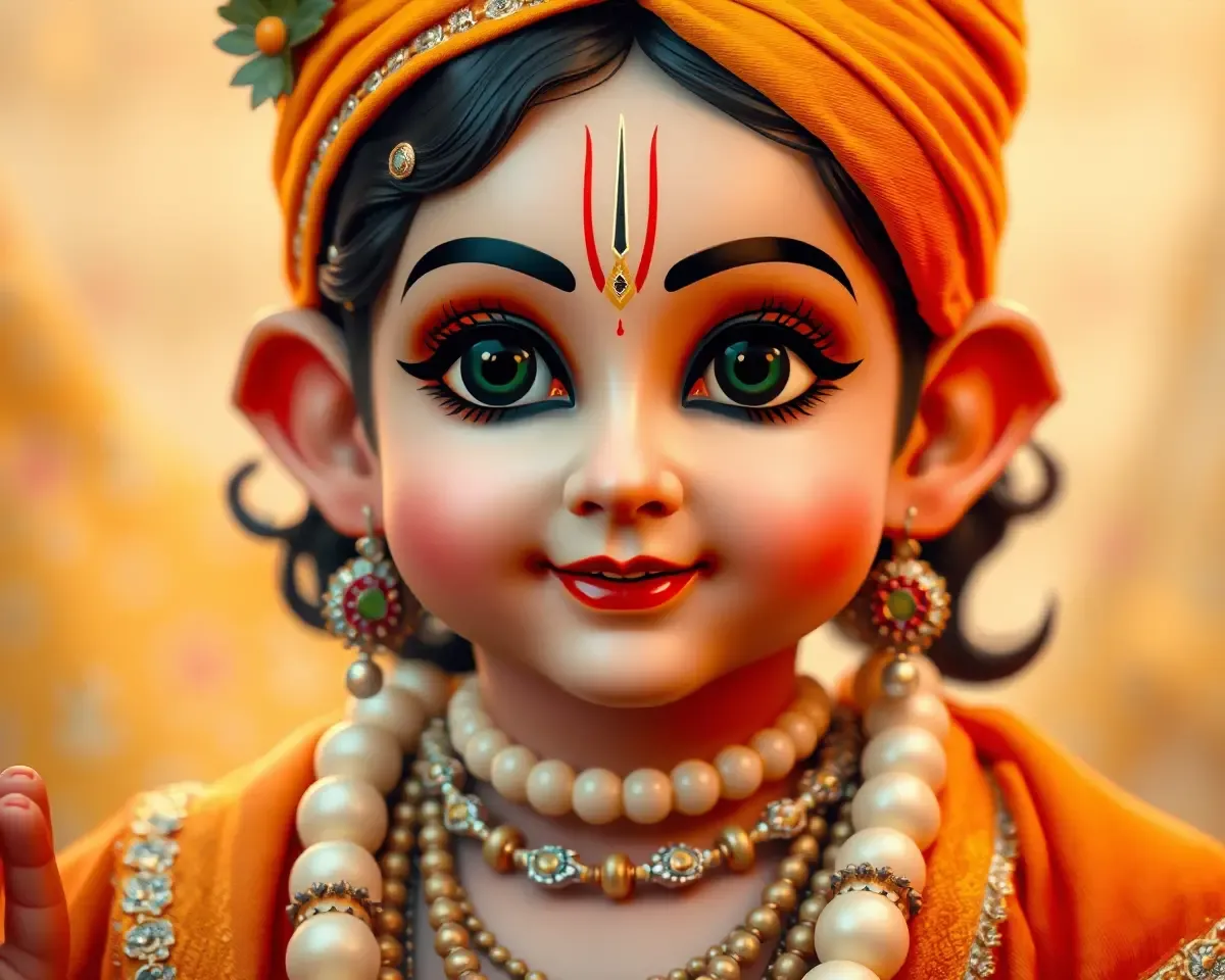 Close-up of Krishna's Face in Vibrant Orange and Yellow Dress