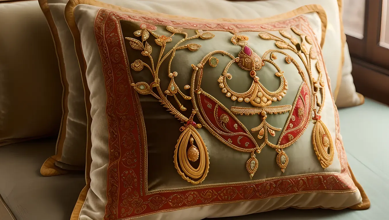 Close-up of Saraswati Veena with Intricate Carvings on Velvet Cushion