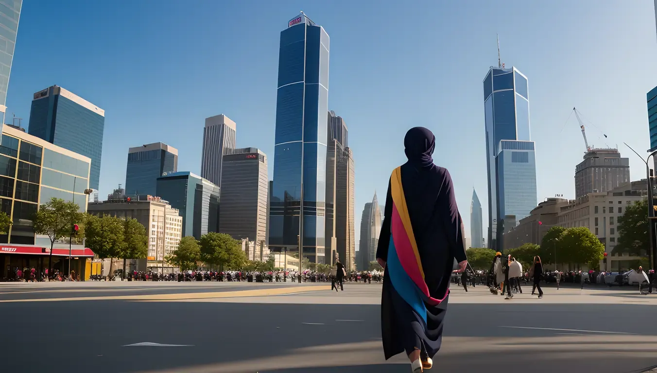 Colorful Burkha Walker in Bustling City Streets