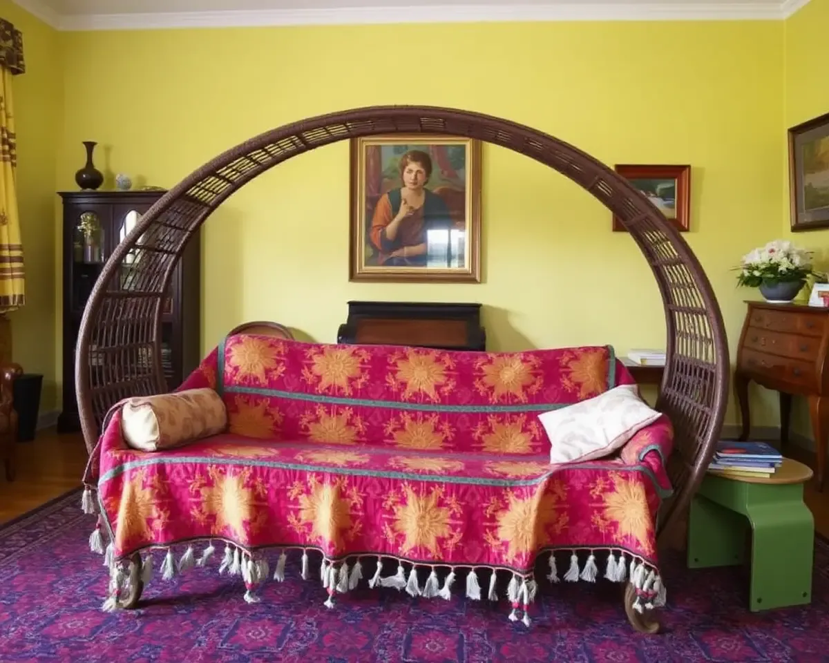 Colorful Charpai Quilt and Pillows in Vibrant Living Room