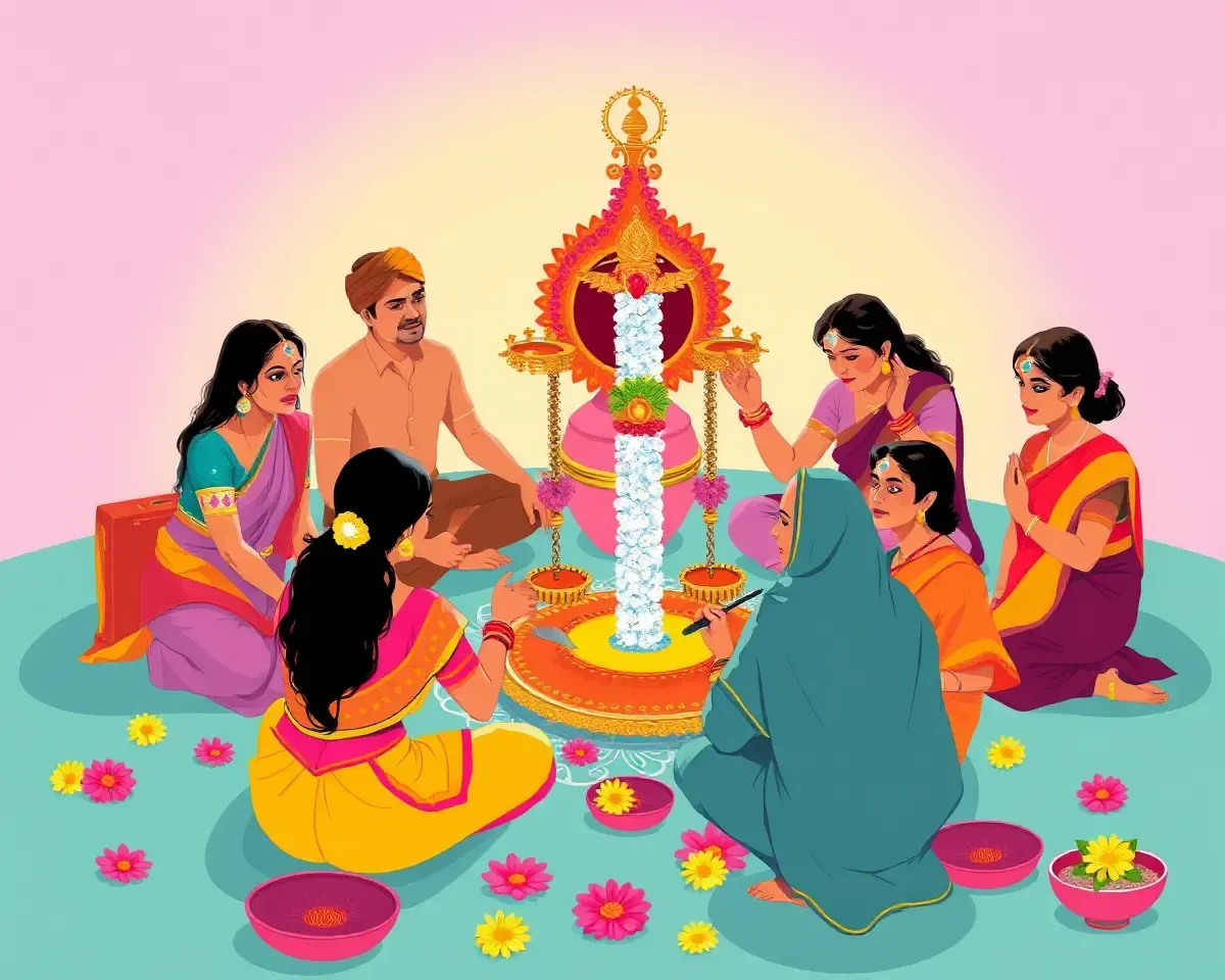 Colorful Chhath Puja Celebration with Devotees and Offerings
