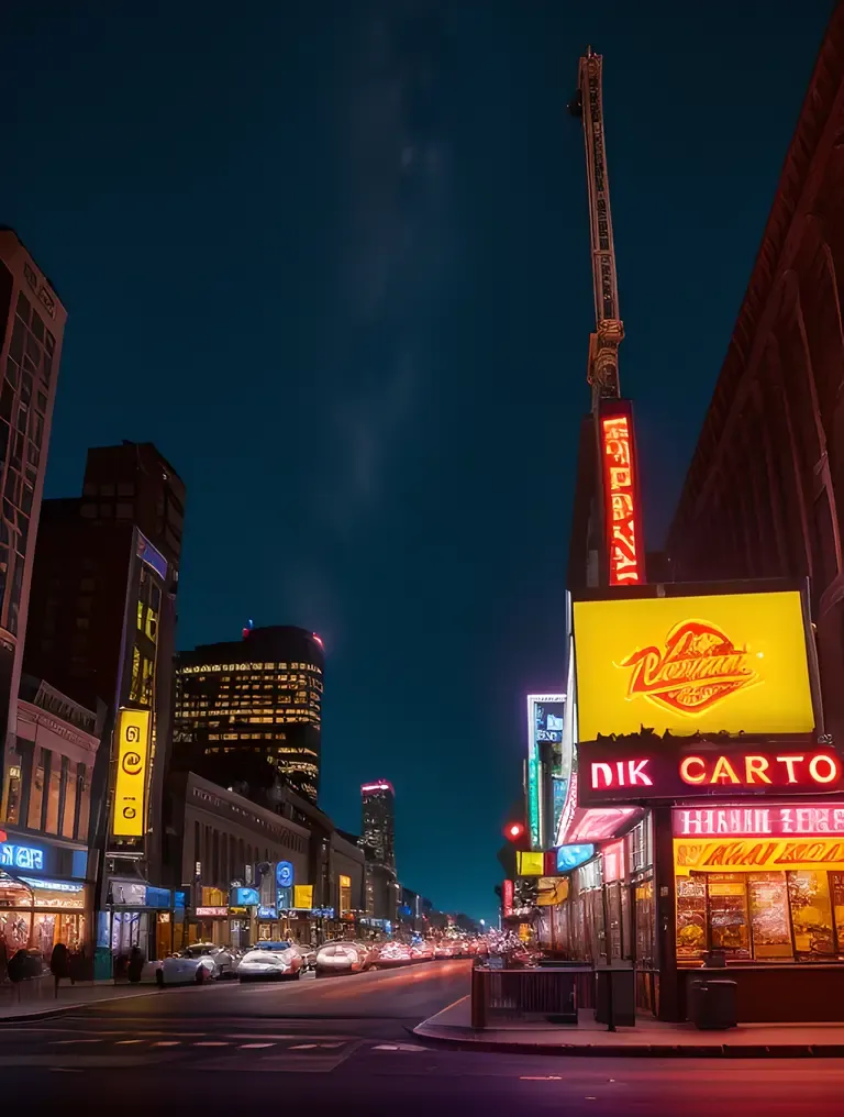 Colorful Cityscape Night Neon Lights Billboards Dark Sky Image