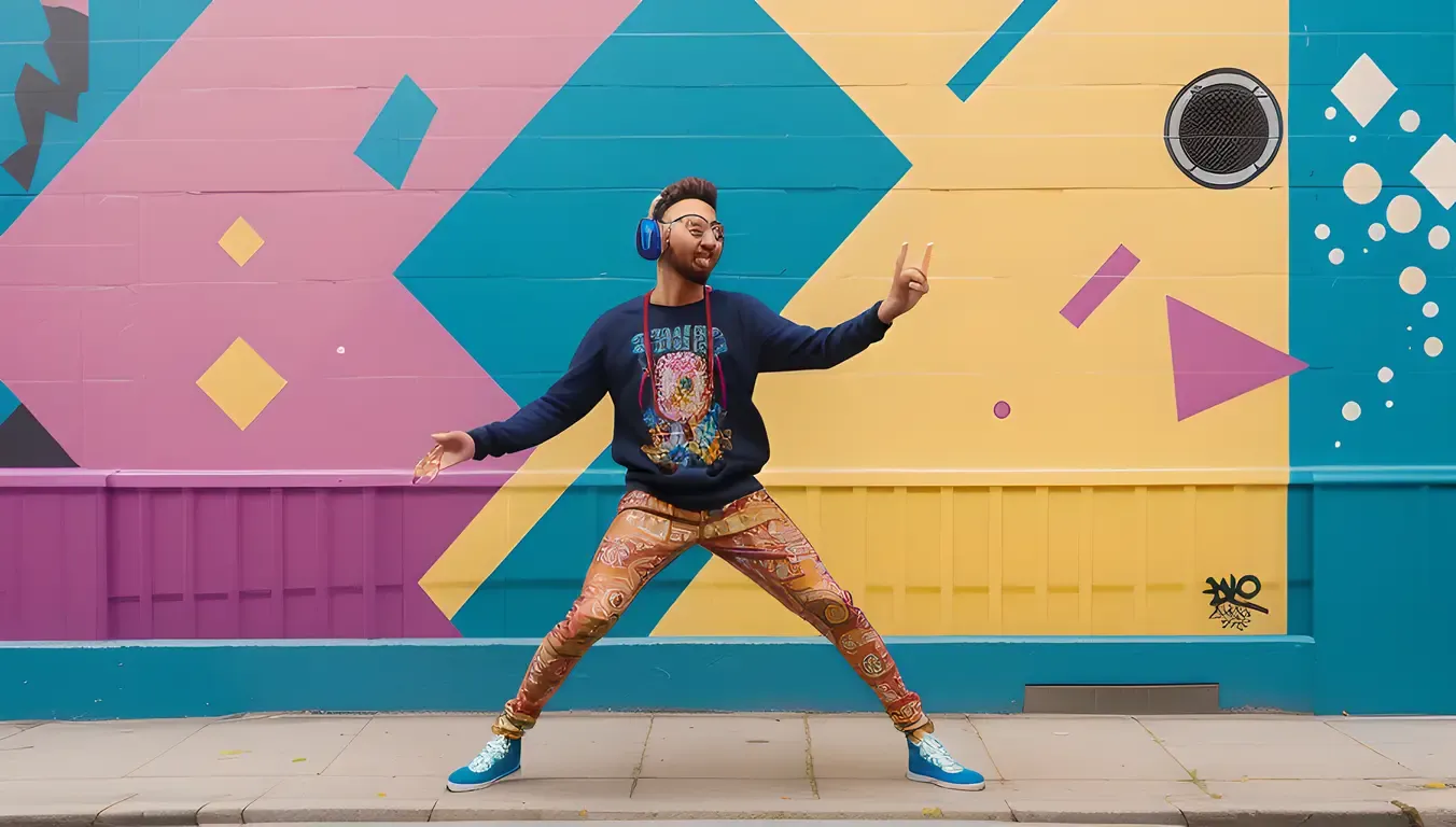 Colorful Hip Hop Dancer in Front of Geometric Patterned Wallpaper