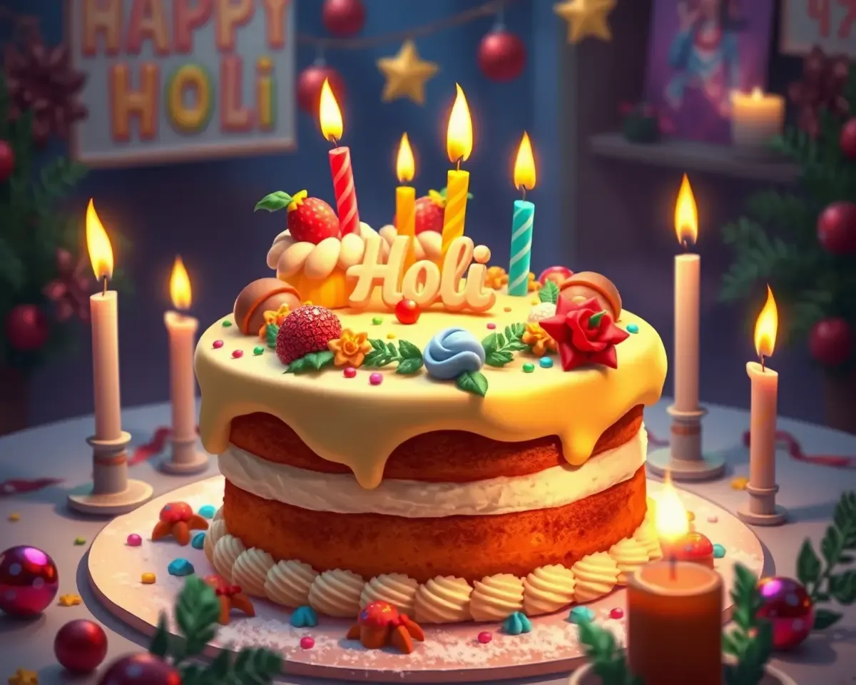 Colorful Holi Cake with Edible Decorations and Candles