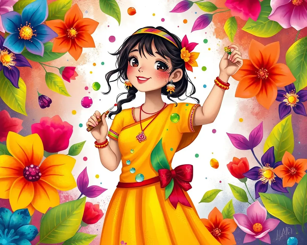 Colorful Holi Girl with Traditional Indian Water-Painting Instrument