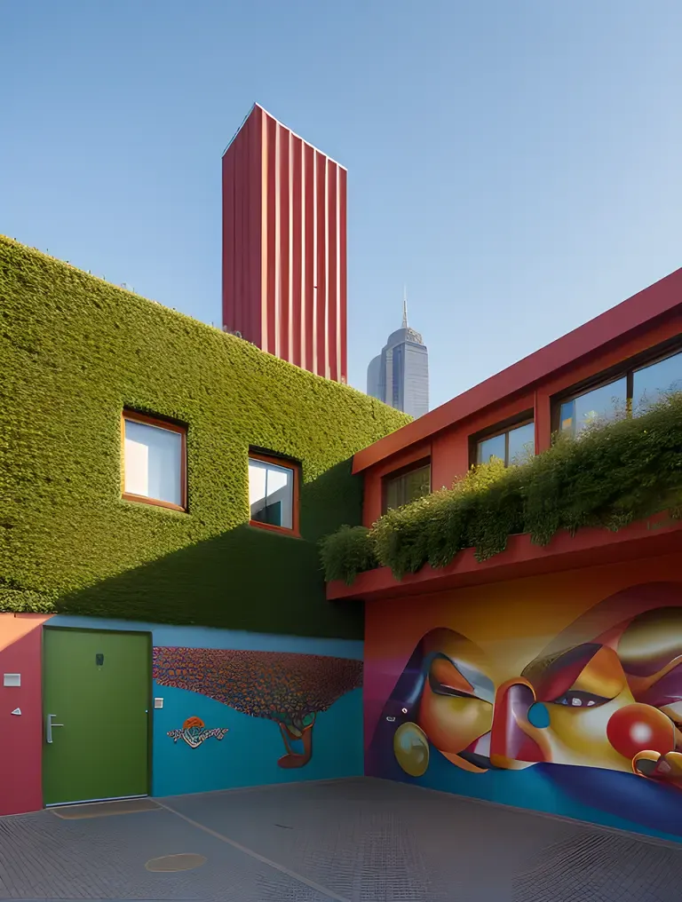 Colorful Hostel Exterior with Green Roof