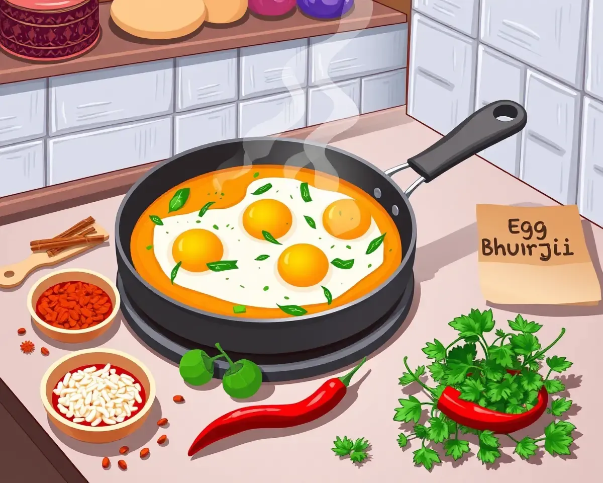 Colorful Indian Kitchen Scene with Egg Bhurji and Spices