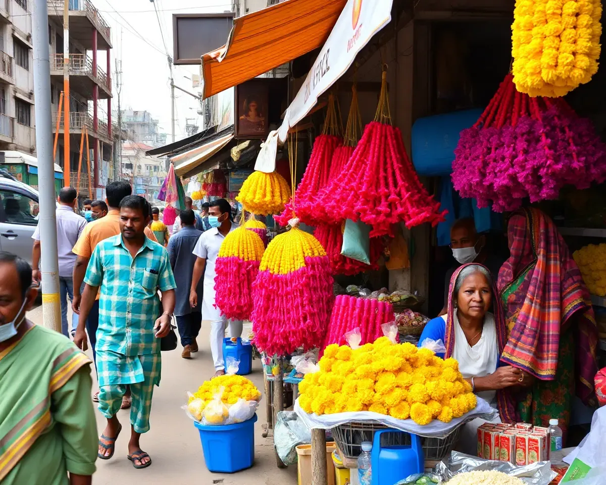 Colorful Indian Market Scene with Poo Malai Flowers