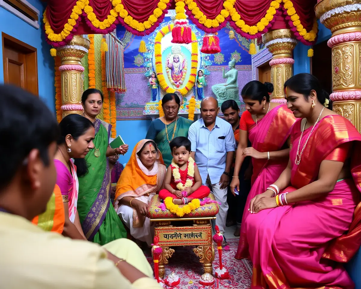 Colorful Indian Temple Setting for Mundan Ceremony